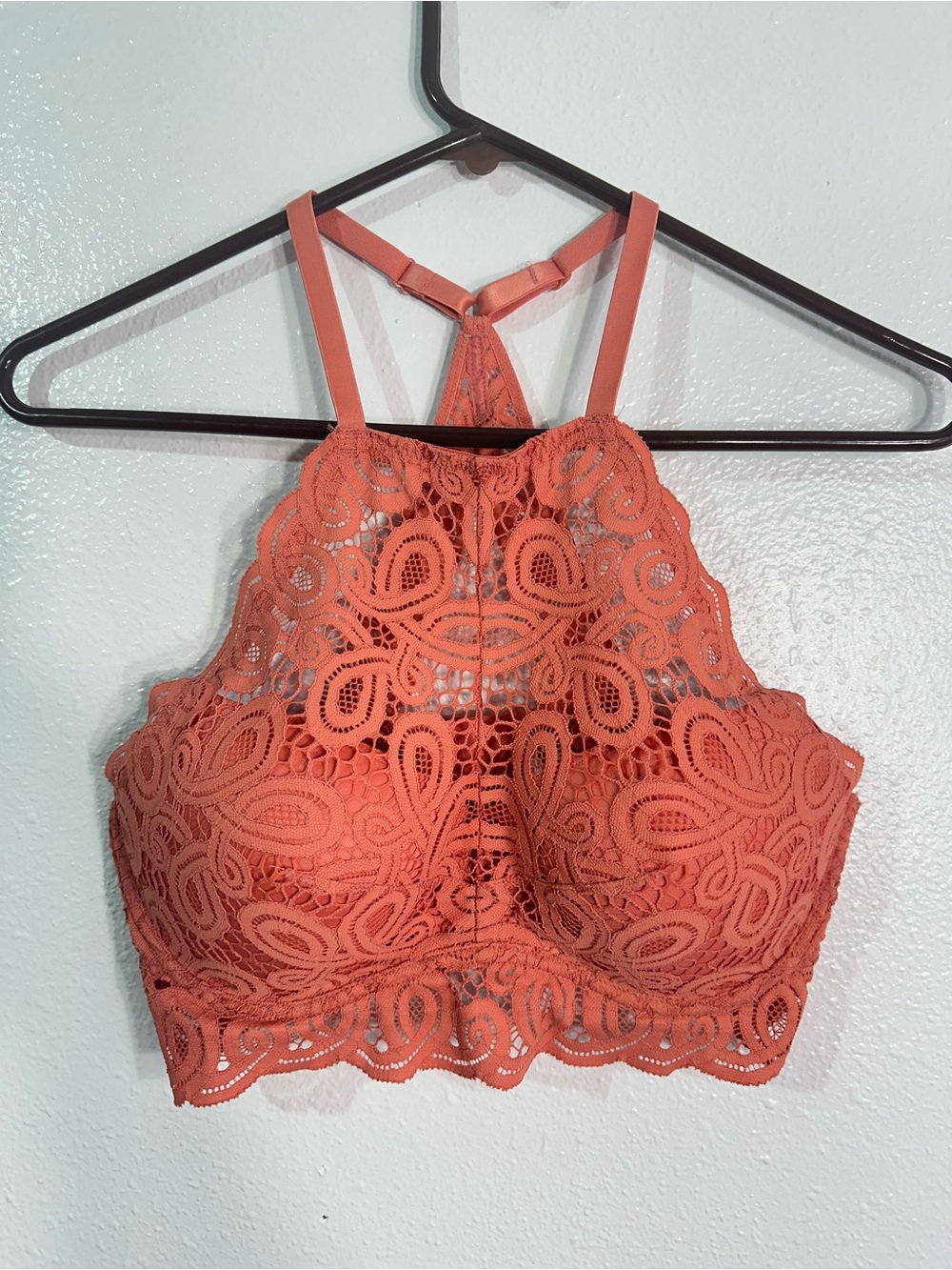 Victoria’s Secret PINK Push Up Bralette L Coral Lace High Neck Racerback Bra Lg